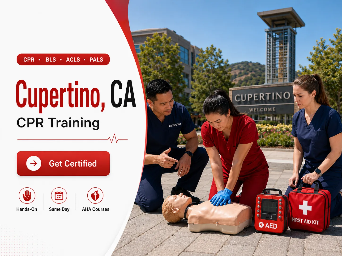 CPR mannequin practice during BLS certification class in Cupertino, CA